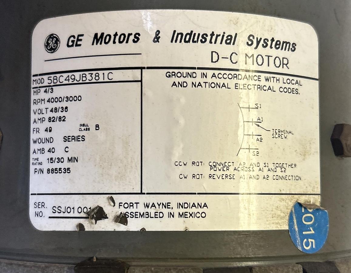 Used GE,5BC49JB381C,DC MOTOR 4/3HP 4000/3000RPM 48/36V 48 FRAME