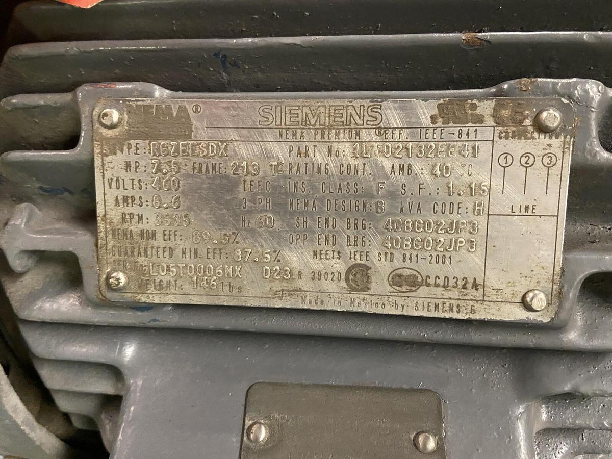 Used SIEMENS,1LA02132EE41,7.5HP MOTOR 460V 3535RPM 213TC TYPE RGZEESDX