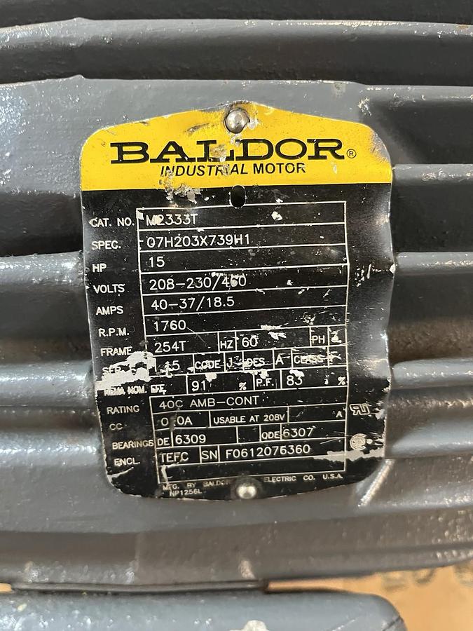 Used BALDOR,M2333T,MOTOR 15HP 3PH 1760RPM 254T