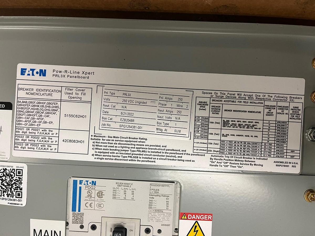 Used EATON,PRL3X,250A 250VDC POW-R-LINE XPERT PANELBOARD MAIN IS PDG2 150AMP