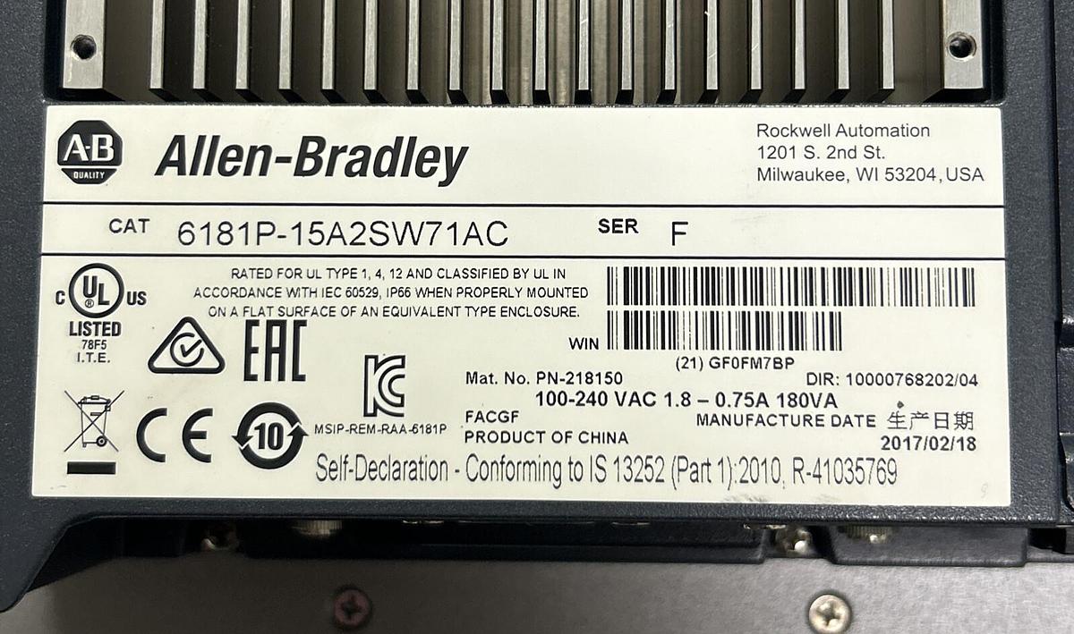 Used ALLEN BRADLEY,6181P-15A2SW71AC,INTEGRATED DISPLAY INDUSTRIAL COMPUTER