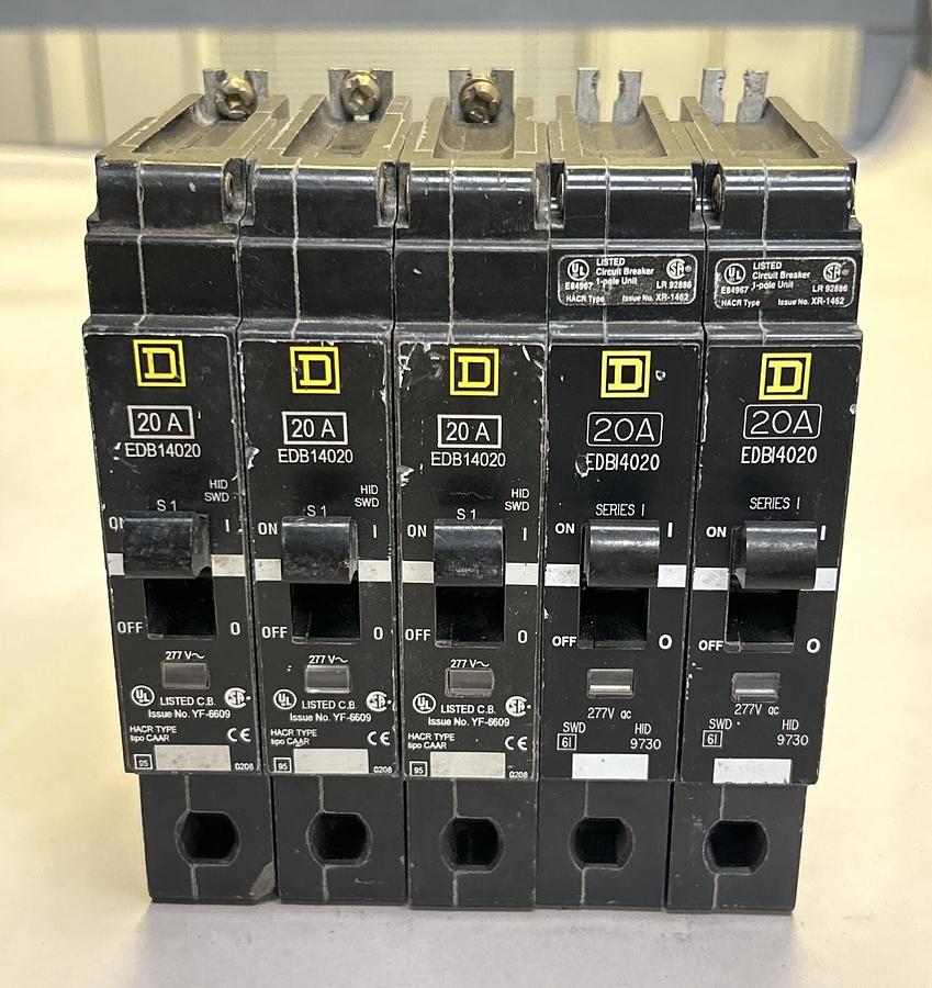 Used SQUARE D,EDB14020,CIRCUIT BREAKER 20A 277V 1P LOT OF 5