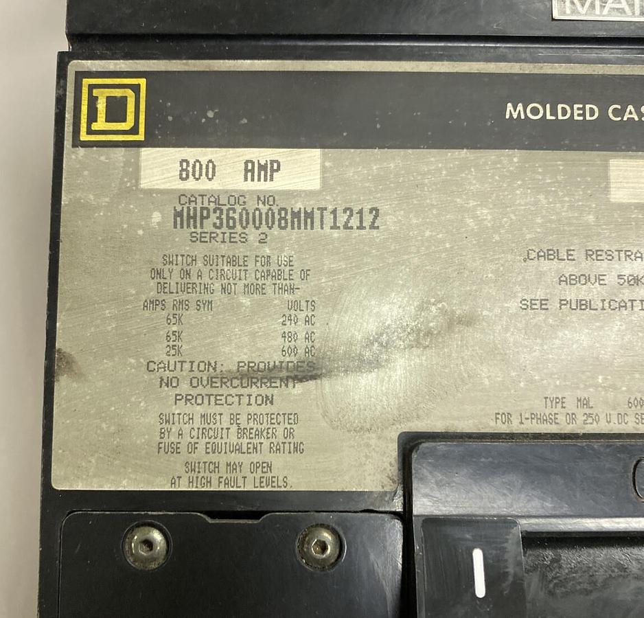 Used Square D,MHP360008MMT1212,Circuit Breaker 800AMP 600V