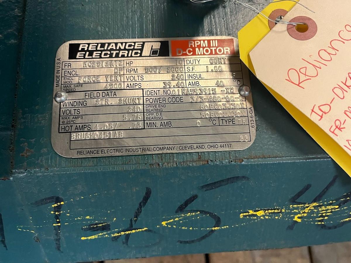Used RELIANCE,MC2512ATZ,RPM III DC SHUNT MOTOR 10HP 2000RPM 240VDC