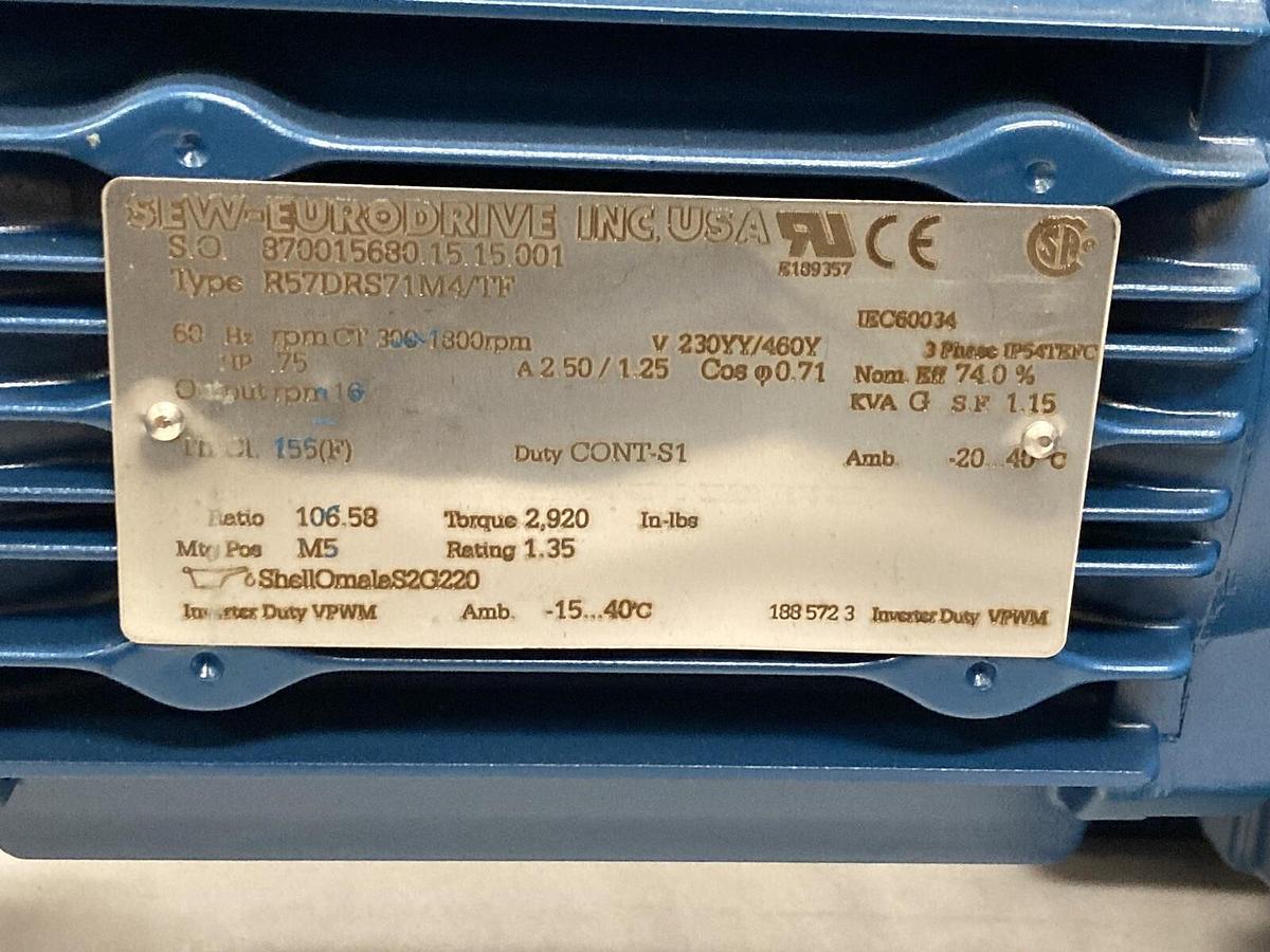 Sew Eurodrive,R57DRS71M4/TF,Gearmotor 3/4 HP 300-1800 RPM  Ratio 106.58