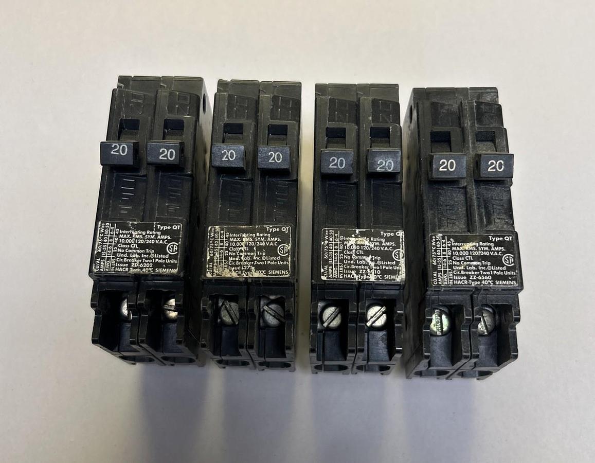 Used SIEMENS,Q2020,TANDEM CIRCUIT BREAKER 20A 120/240V 2P LOT OF 4
