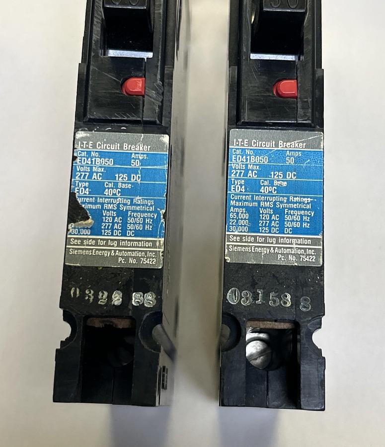 Used SIEMENS,ED41B050,CIRCUIT BREAKER 50A 277V 1P LOT OF 2