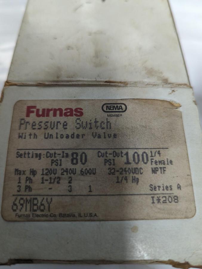 FURNAS,69MB6Y,SERIES A PRESSURE SWITCH WITH UNLOADER VALVE NOS