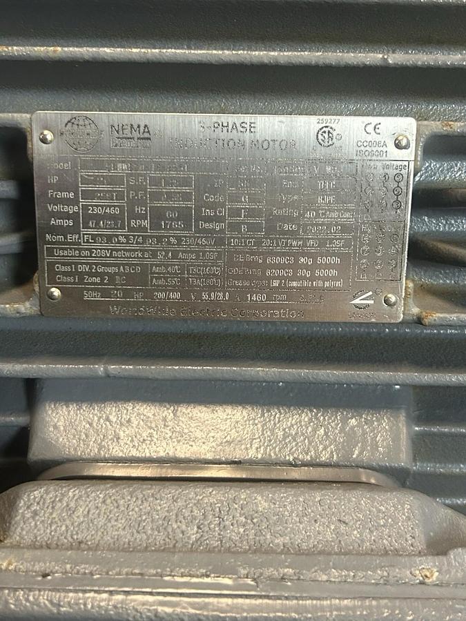Used WORLDWIDE ELECTRIC,PEWWE20-18-256T,MOTOR 20HP 230/460V 1765RPM 3PH 256T FRAME