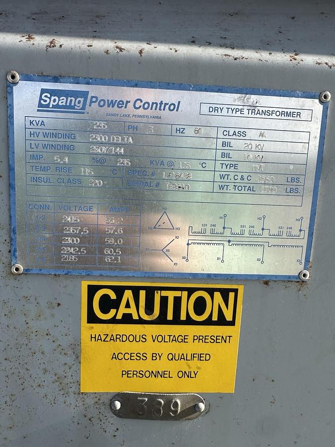 Used Spang,235KVA,3 Phase Dry Type Transformer HV-2300D to LV-250Y/144V