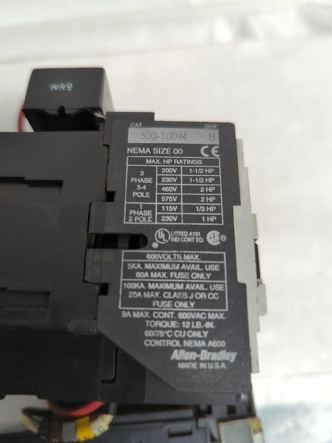 Used ALLEN BRADLEY,500-T-OD94,REVERSING STARTER SIZE 00 WITH 592-B1DT OVERLOAD RELAY