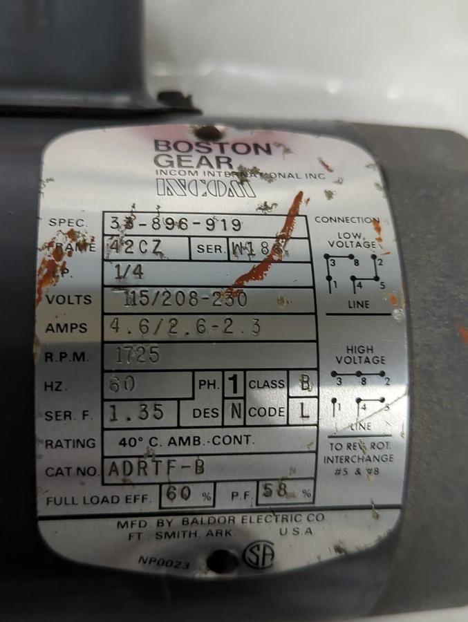 Used BOSTON GEAR,ADRTF-B,SINGLE PHASE MOTOR 1/4 HP 1725 RPM PRE-OWNED