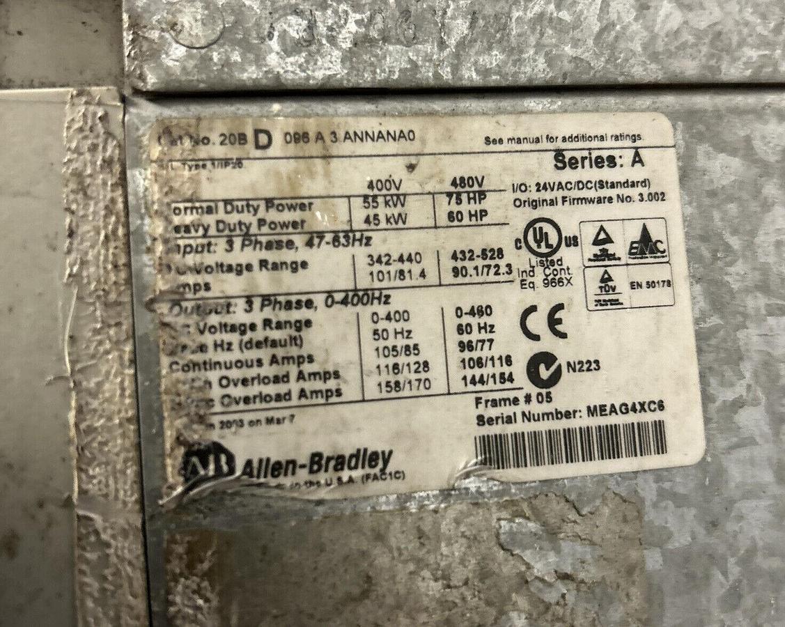 Used ALLEN BRADLEY,20BD096A3ANNANA0,VFD SER A AC DRIVE POWERFLEX 700 480V 96A 75HP