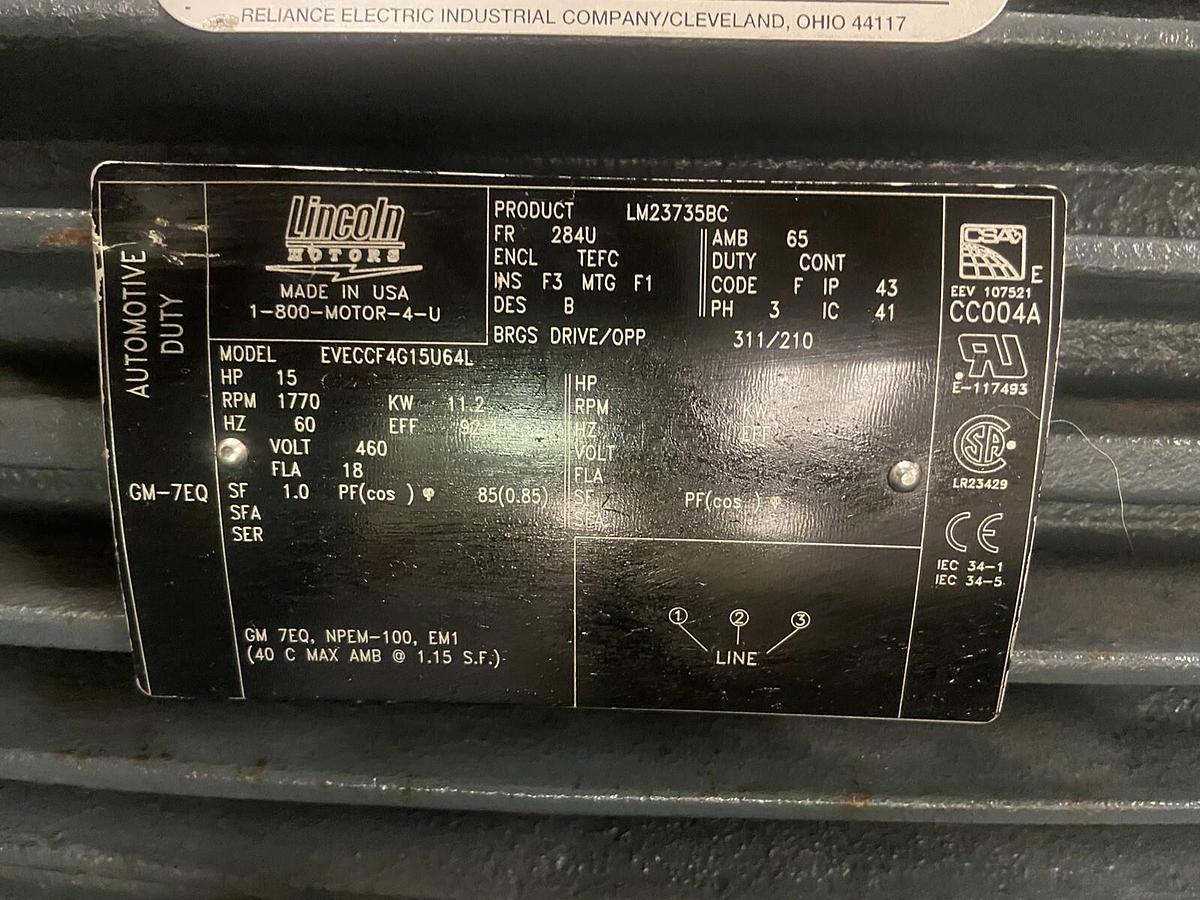 Used Lincoln,LM23735BC,15Hp Motor 1770RPM 460V 284U Model EVECCF4G15U64L