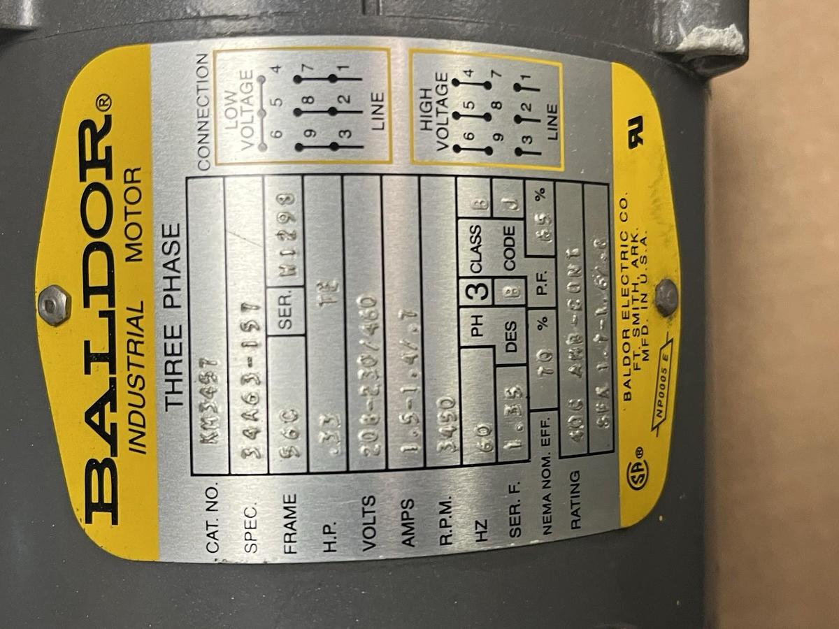 Used BALDOR,KM3457,ELECTRIC MOTOR 1/3HP 3450RPM 56C 3PH