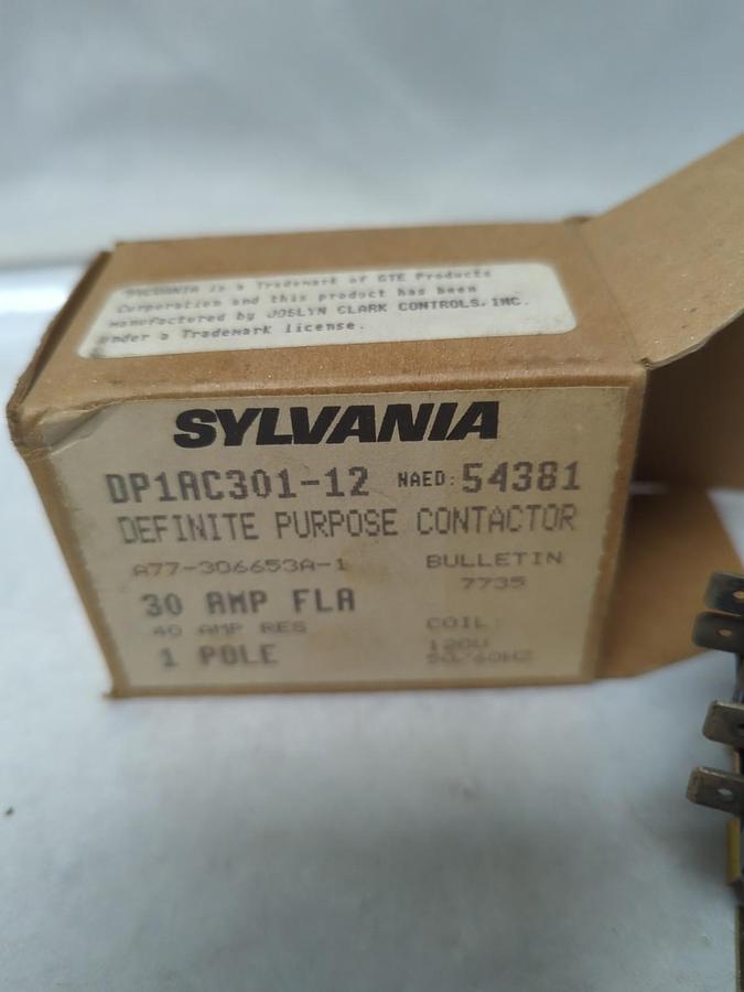 SYLVANIA,DP1AC301-12,DEFINITE PURPOSE CONTACTOR 30 AMP 1-POLE NOS
