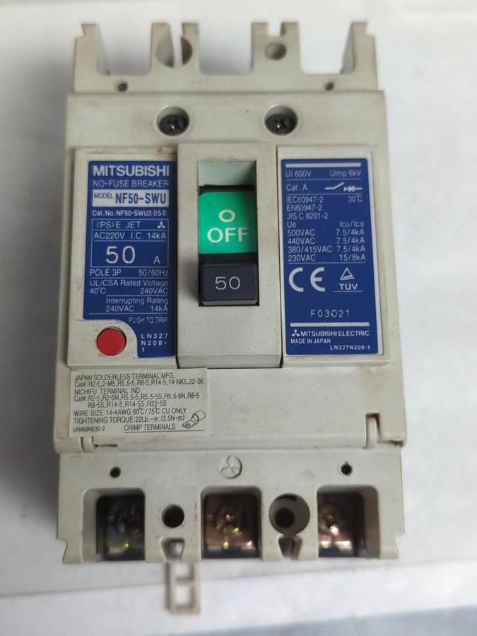 Used MITSUBISHI,NF50-SWU050,NO FUSE BREAKER 50A 3-POLE PRE-OWNED