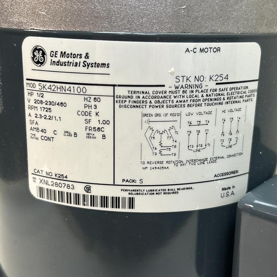 GE,5K42HN4100,AC MOTOR 1/2HP 208-230/460V 1725RPM 3PH 56C FRAME