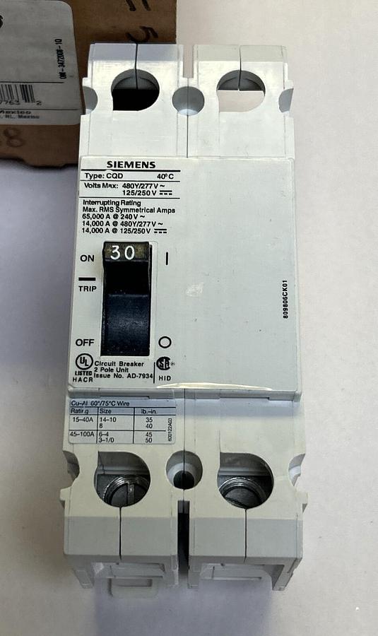 Used SIEMENS,CQD230,CIRCUIT BREAKER 30A 277V 2P NEW
