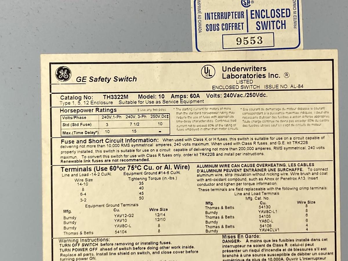 Used General Electric,TH3363M,Disconnect Safety Switch Model 2 100A 250VDC