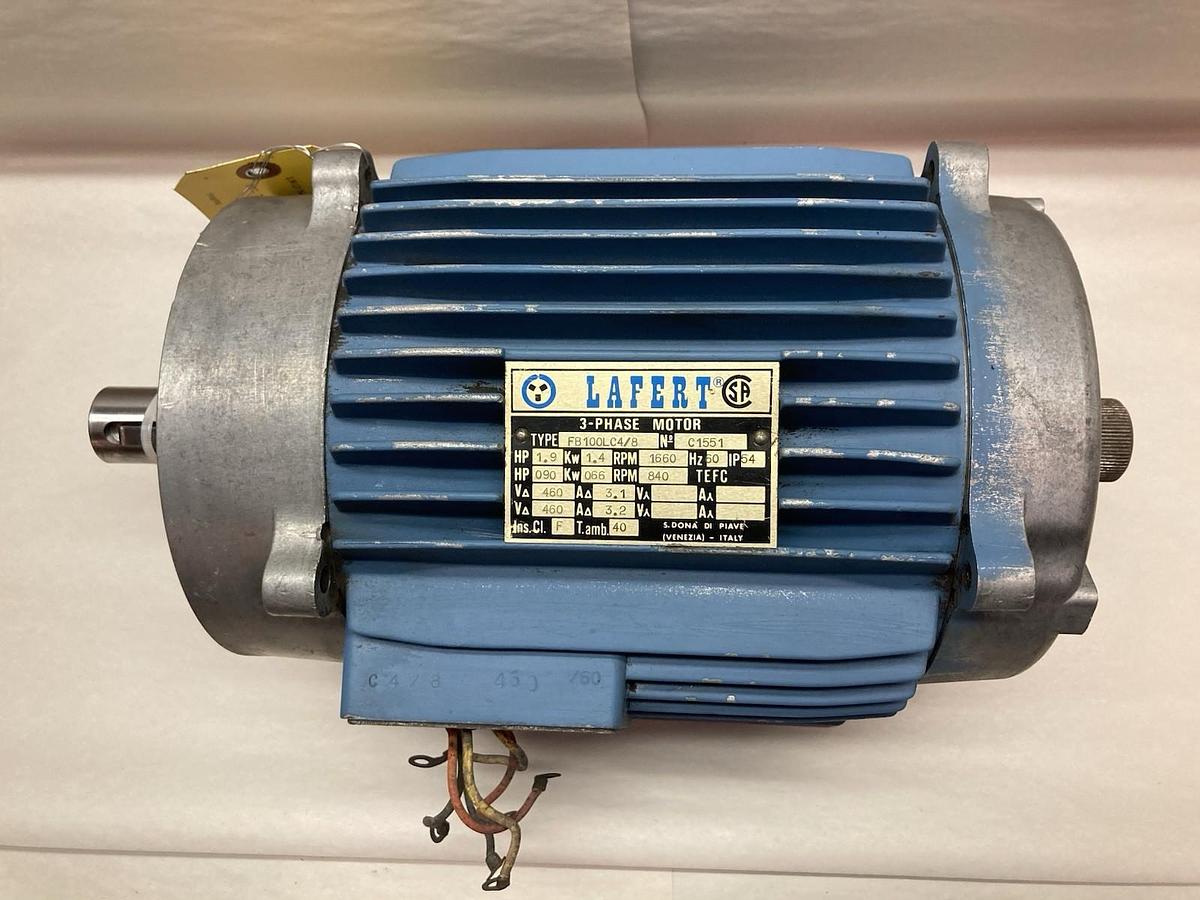 Used Lafert,FB100LC4/8,3-Phase Motor 460V 3.1A 1.9Hp 60Hz
