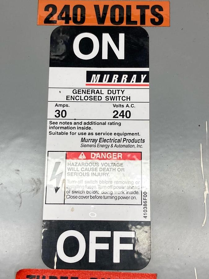 Used Murray,GHN421N,3-Phase Fusible Safety Switch Indoor Type 3R 30A 240V