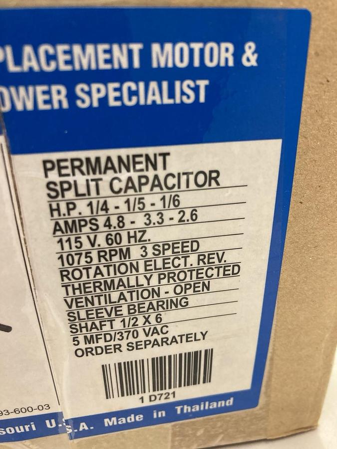 Used Fasco,D721,Replacement Motor 115V 60Hz 1075RPM Shaft 1/2x6