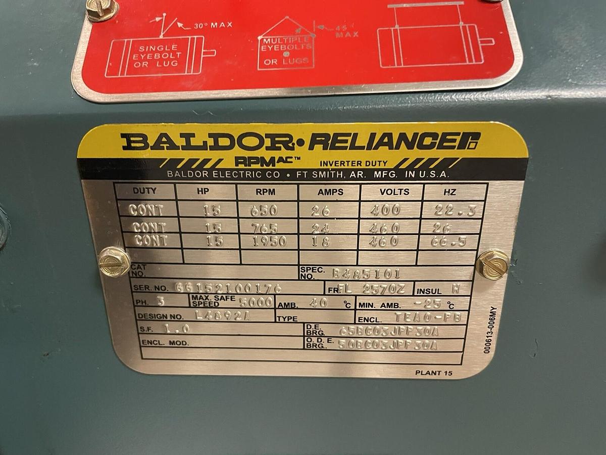 Used BALDOR,RPM FL-2570Z,15HP INVERTER DUTY BRAKE MOTOR 460V