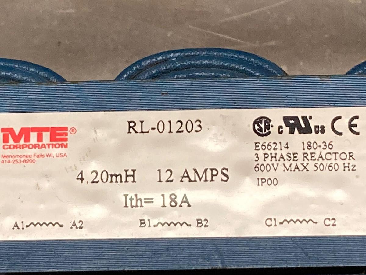 Used MTE,RL-01203,3-Phase Reactor 600V 12A w/ Enclosure