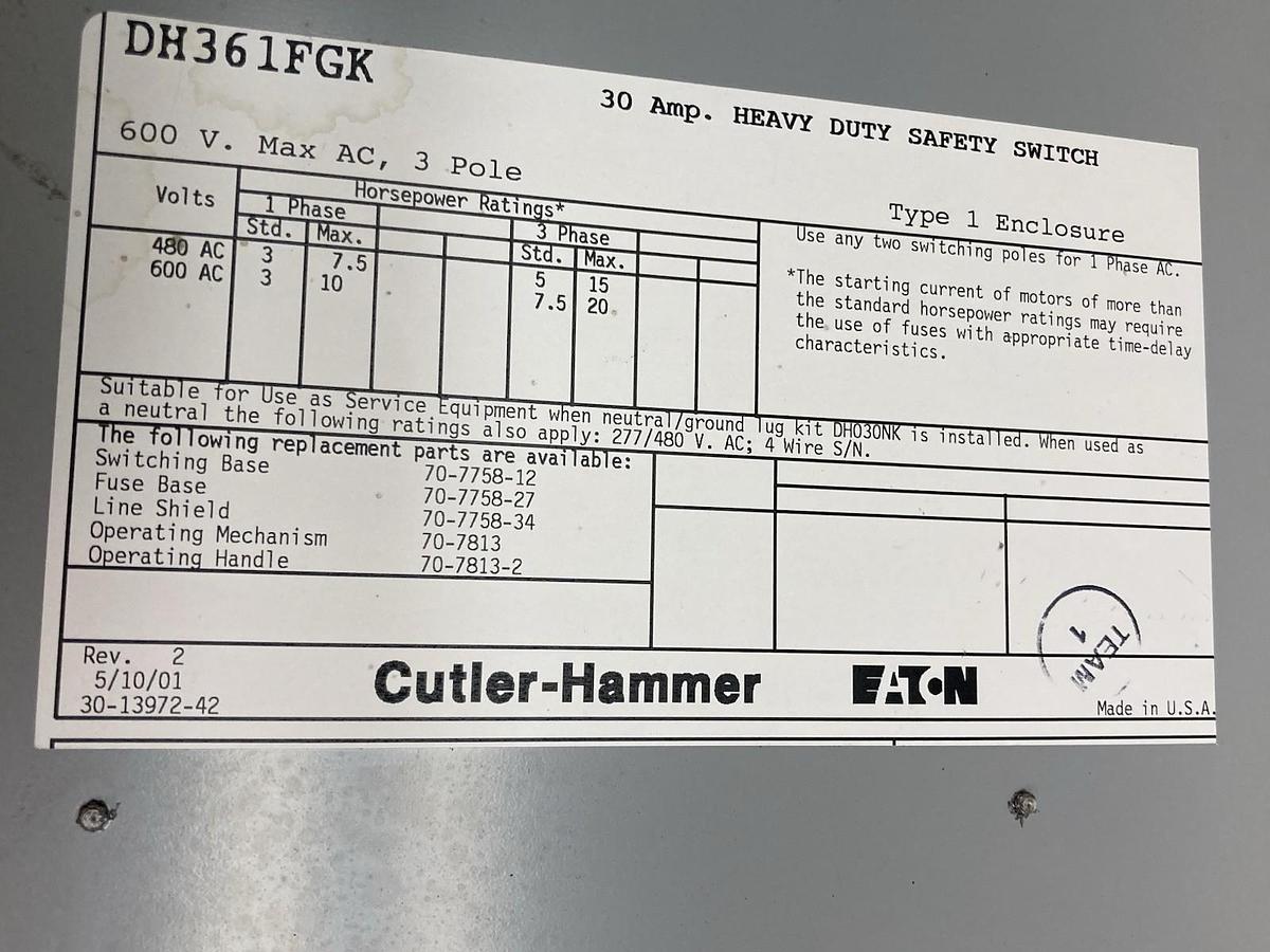 Used Eaton Cutler-Hammer,DH361FGK,3-Pole Safety Disconnect Switch 30A 600V