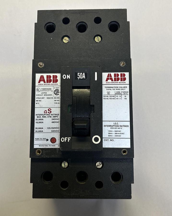 Used ABB,TE3150,CIRCUIT BREAKER 50A 480V 3P