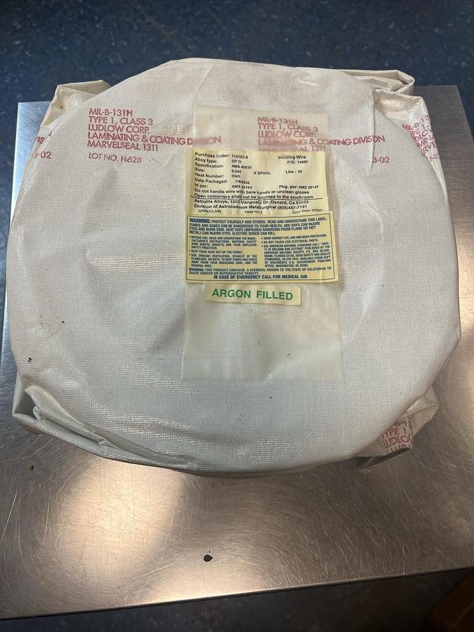 Used ASTROLITE ALLOYS,AMS-4951F,WELD TI WIRE DIA .045 SPOOL 20LBS