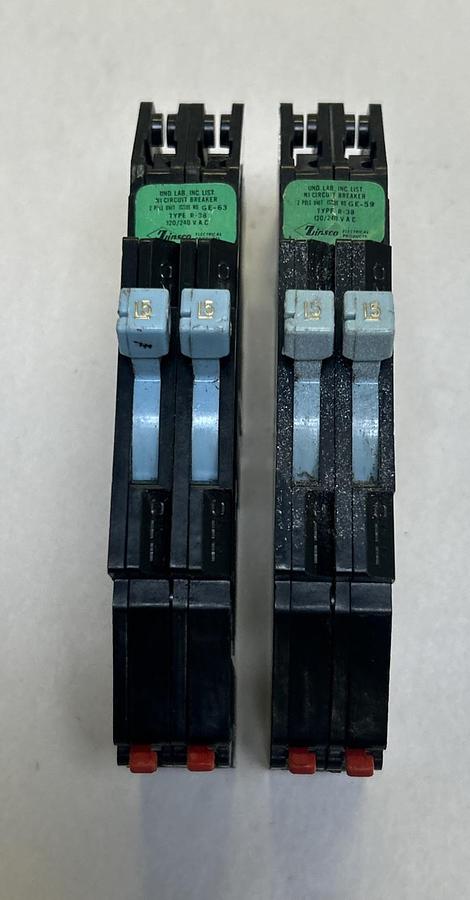 Used ZINSCO,R-38,TWIN TANDEM CIRCUIT BREAKER 15A 120/240V 2P LOT OF 2