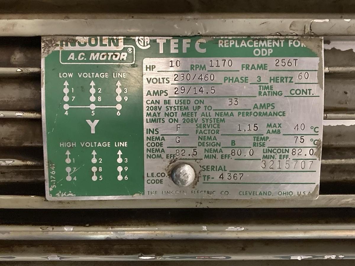 Used Lincoln,TF-4367,3-Phase Electric AC Motor 10 HP 1170 RPM 256T Frame 230/460V