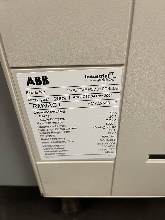 Used ABB,AM7.2-500-12,RMVAC CIRCUIT BREAKER 1200A 7.2kV