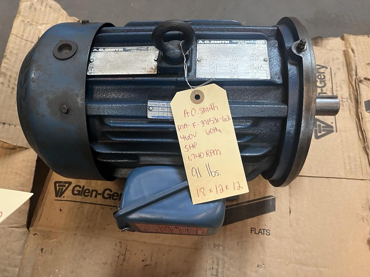 Used AO SMITH,F-391531-62,MOTOR 5HP 1740RPM 184TC 3PH