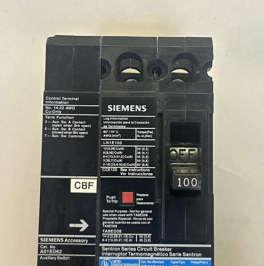 Used SIEMENS,ED22B100,CIRCUIT BREAKER 100A 240V 2P