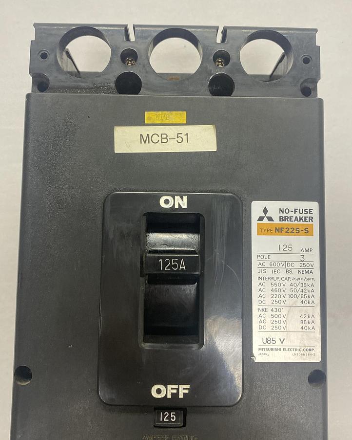 Used Mitsubishi,NF225-S,No-Fuse Circuit Breaker 125A 600V 3 Pole