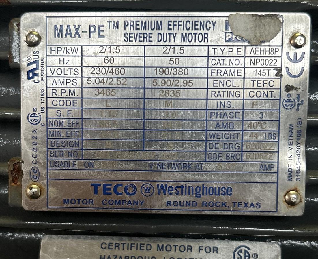 TECO WESTINGHOUSE,NP0022,SEVERE DUTY MOTOR 2HP 3465RPM 230/460V 145T FRAME NOS