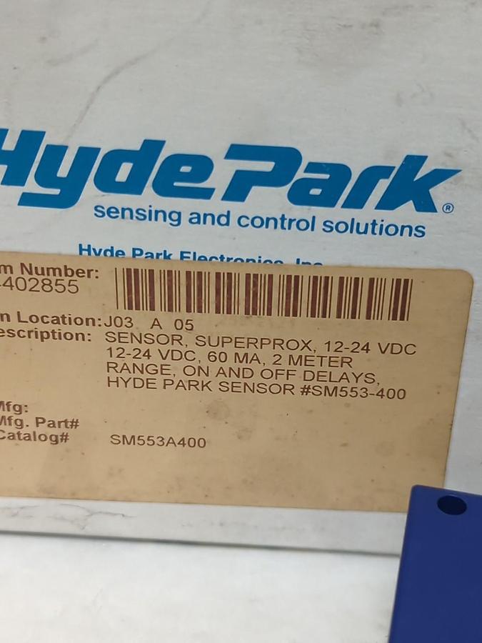 HYDE PARK,SM553A-400,SUPERPROX PROXIMITY SENSOR WITH DELAY OUTPUT NOS
