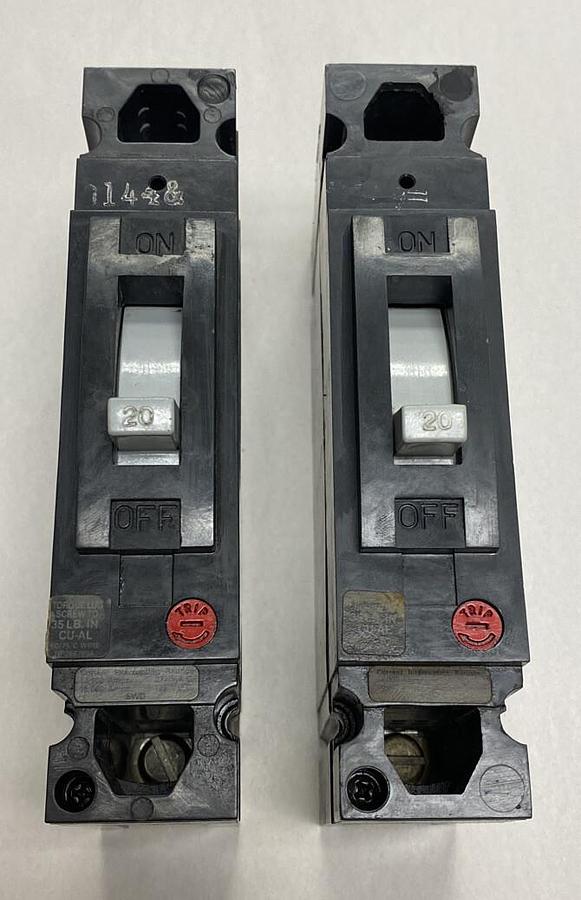 Used GE,TED113020,Circuit Breaker 20A 277V 1 Pole Lot of 2