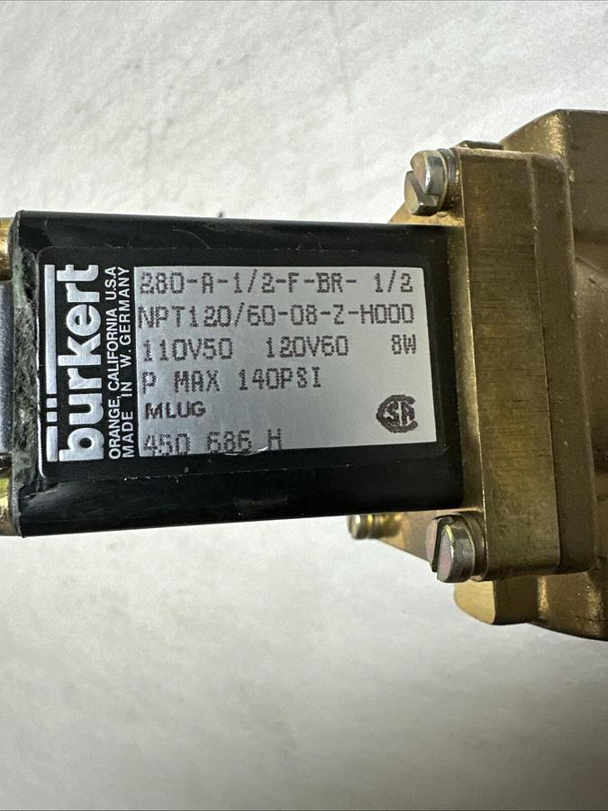 Burkert,2850-A-1/2-F-BR-1/2,Safety Shut Off Valve NEW