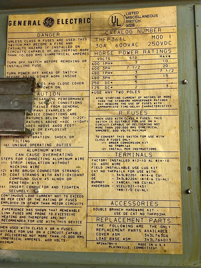 Used General Electric,THFP361L,3-Phase Twin Panelboard Switch 30A 600VAC