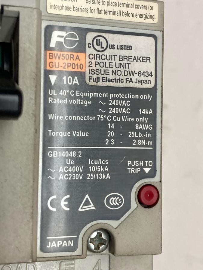 Used Fuji Electric,BW50RA GU-2P010,2-Pole Circuit Breaker 10A 240V