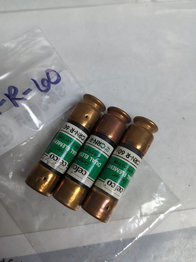 Used CEFCO,CRN-R-60,DUAL ELEMENT FUSE 60 AMP LOT OF 3 PRE-OWNED