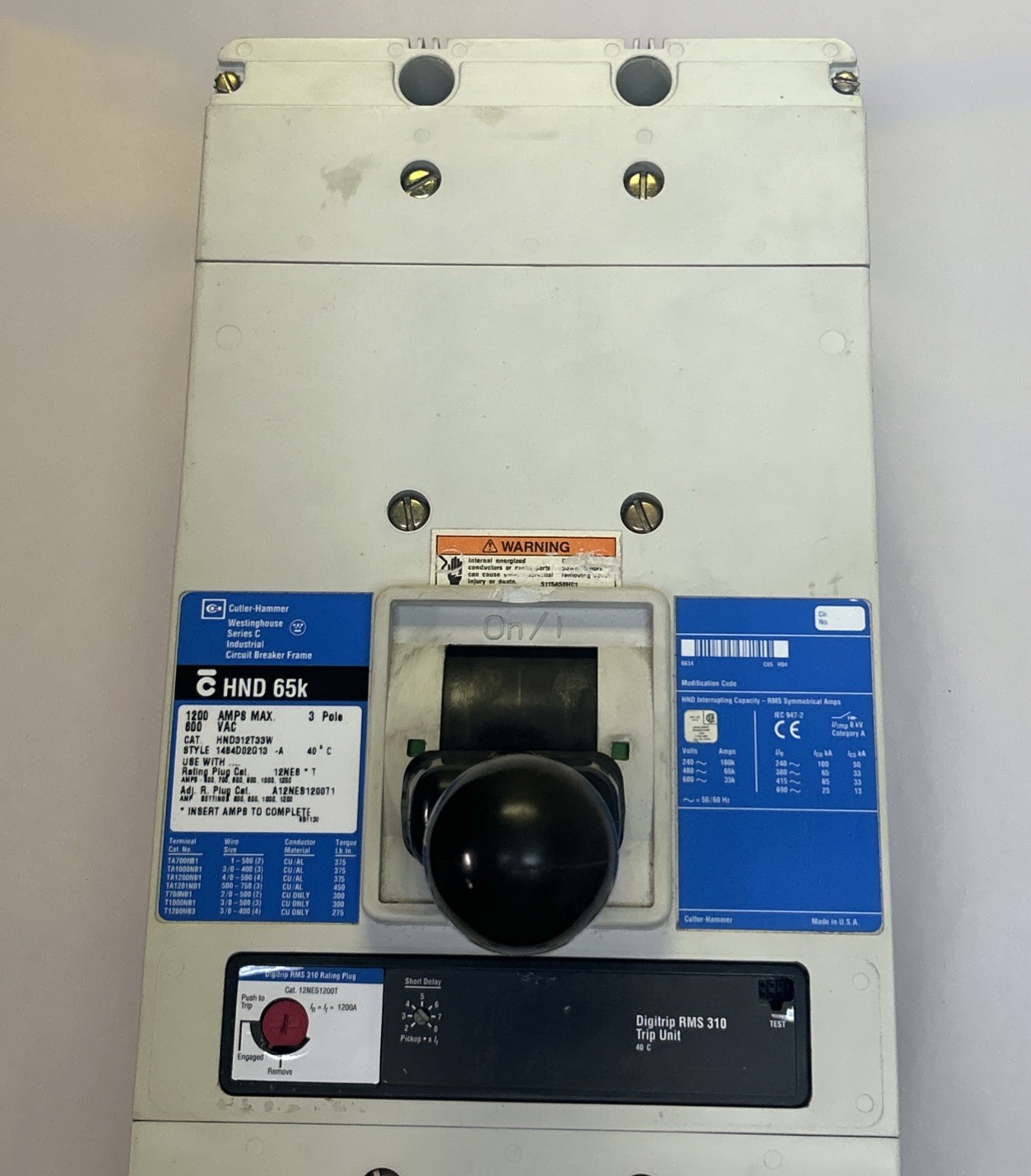 Used CUTLER-HAMMER,HND312T33W,CIRCUIT BREAKER 1200A 600V 3P