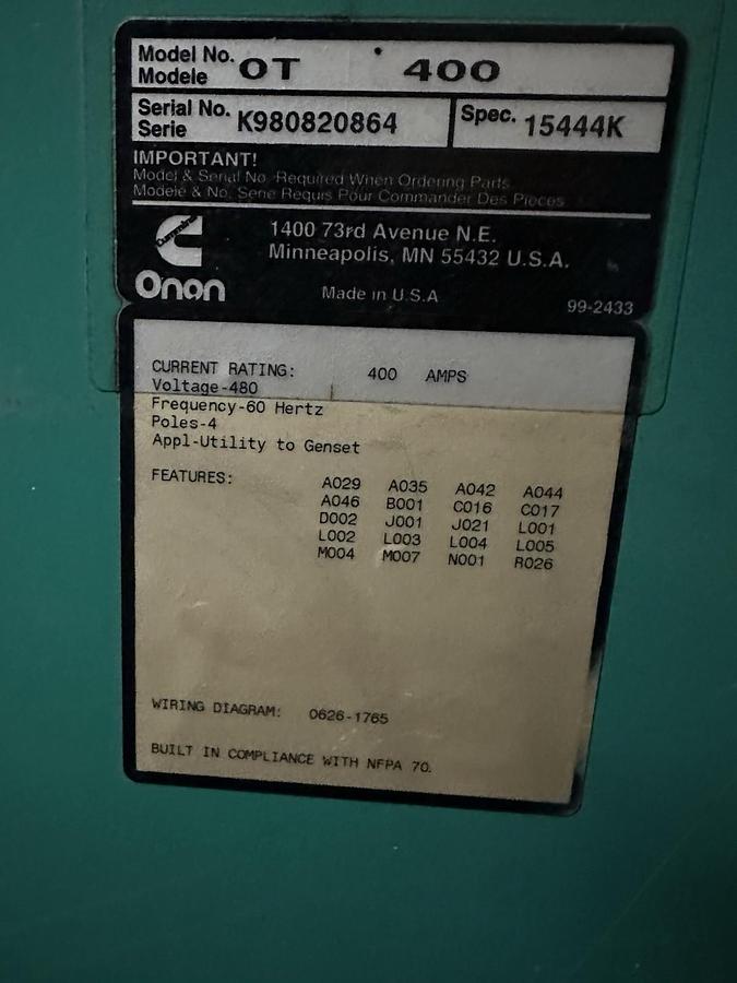 Used Onan,OT 400,Transfer Switch 480V 400Amp 60Hz 4 Pole 1 or 3 Phase