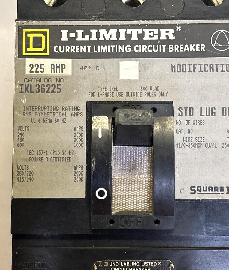 Used SQUARE D,IKL36225,CIRCUIT BREAKER 225A 600V 3P