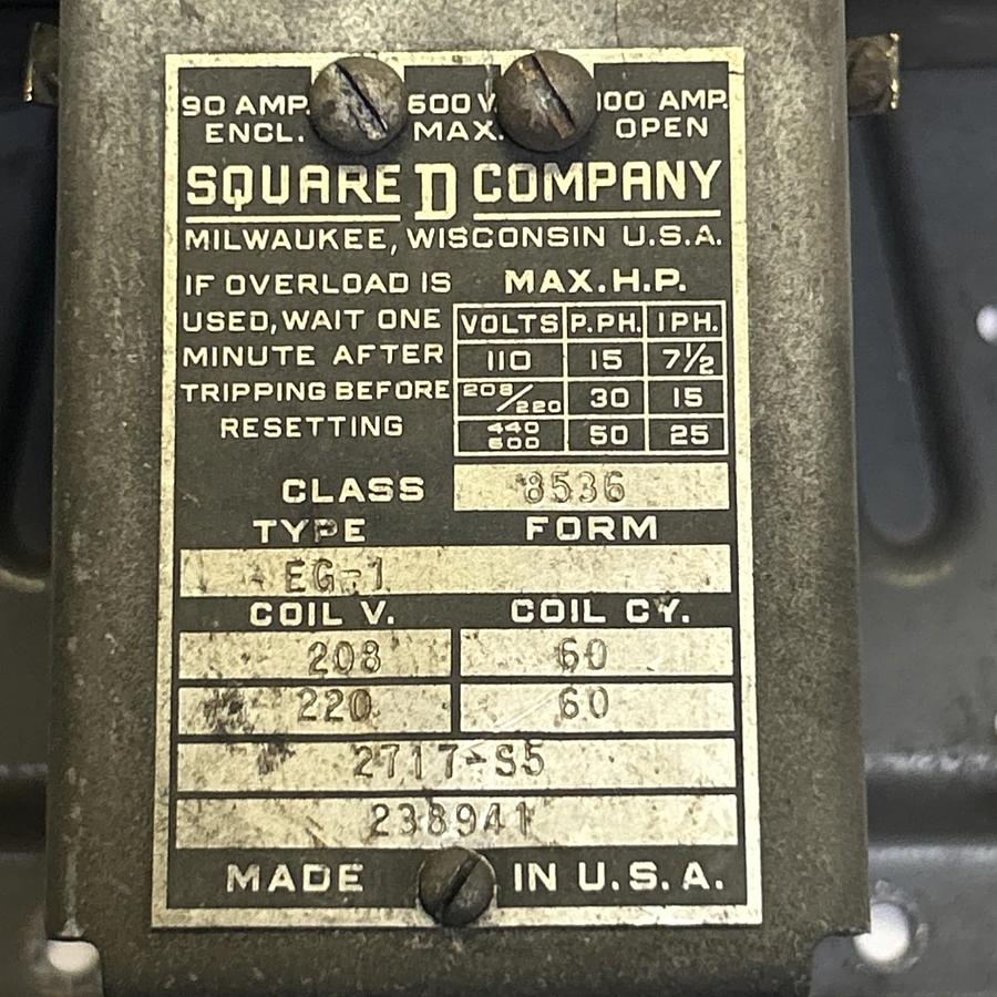 Used SQUARE D,8536EG-1,MOTOR STARTER 90A 600V