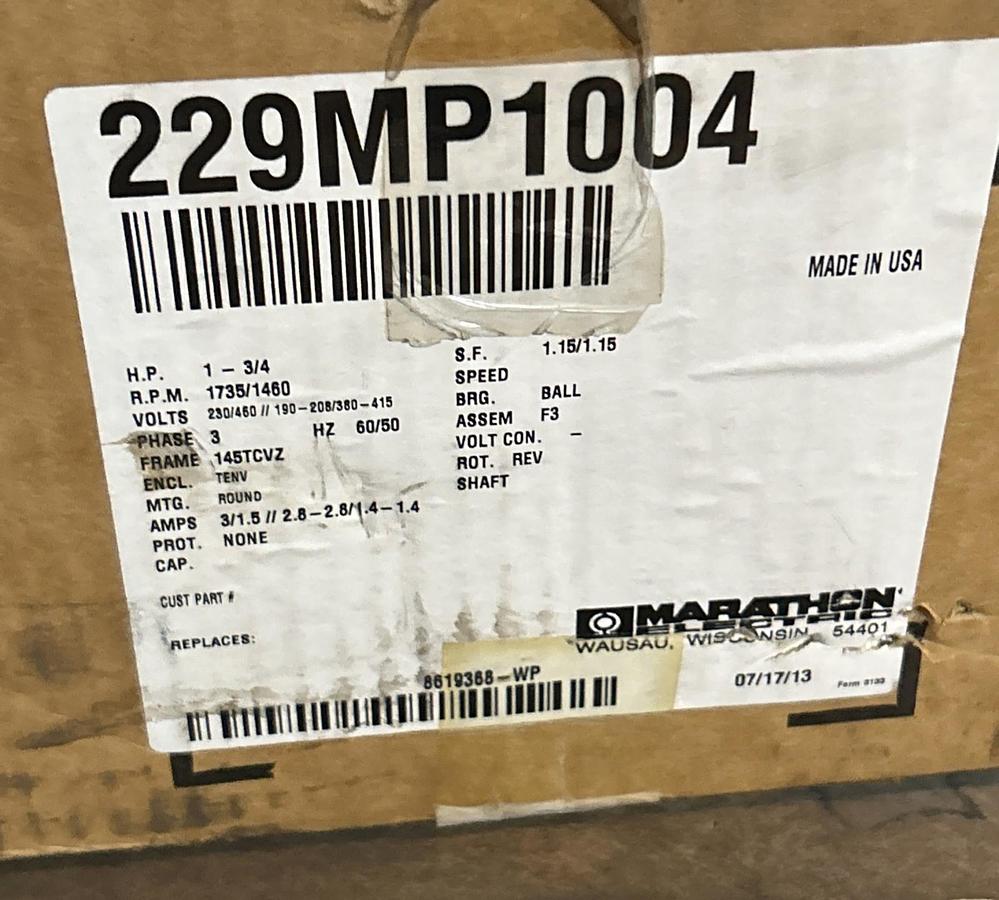 MARATHON,229MP1004,MOTOR 1HP 1735RPM 230/460V 3PH 145TCVZ FRAME